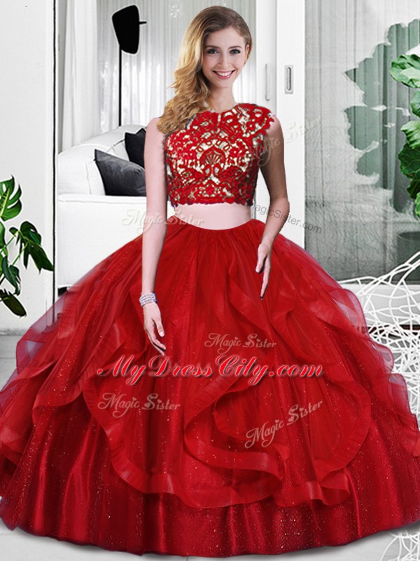 Wine Red Two Pieces Scoop Sleeveless Tulle Floor Length Zipper Lace and Ruffles Quince Ball Gowns