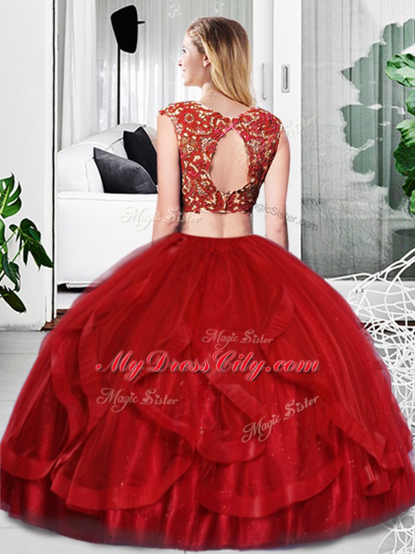 Wine Red Two Pieces Scoop Sleeveless Tulle Floor Length Zipper Lace and Ruffles Quince Ball Gowns