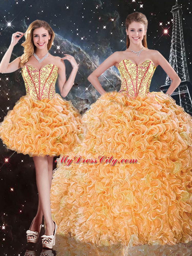 Custom Designed Orange Lace Up Sweet 16 Quinceanera Dress Beading and Ruffles Sleeveless Floor Length