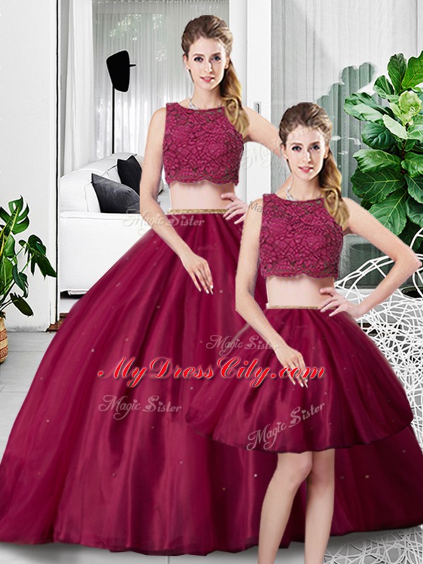 Adorable Two Pieces Quinceanera Gown Fuchsia Scoop Tulle Sleeveless Floor Length Zipper