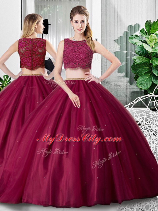 Adorable Two Pieces Quinceanera Gown Fuchsia Scoop Tulle Sleeveless Floor Length Zipper