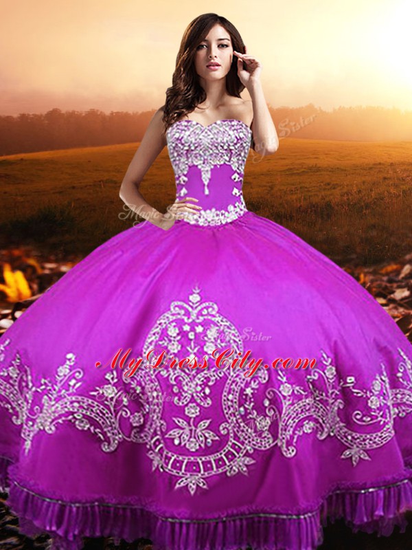 Sleeveless Floor Length Beading and Appliques Lace Up Quinceanera Gowns with Fuchsia