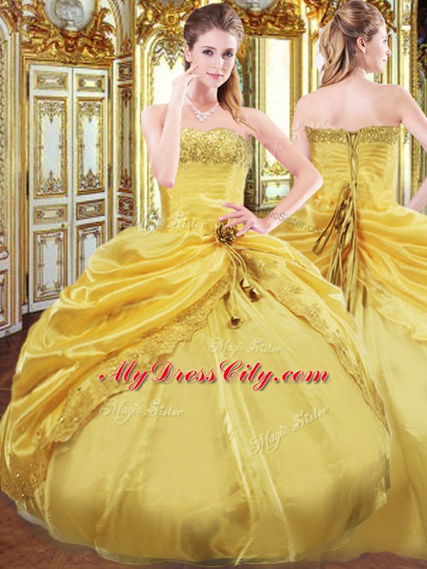 Taffeta Strapless Sleeveless Lace Up Beading and Pick Ups Quinceanera Dress in Gold