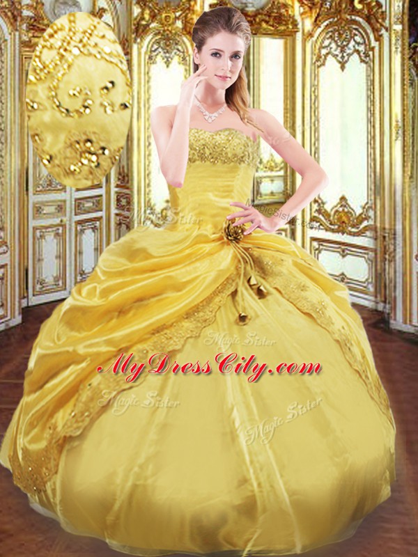 Taffeta Strapless Sleeveless Lace Up Beading and Pick Ups Quinceanera Dress in Gold