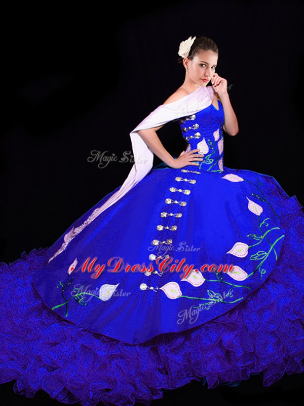 Royal Blue Ball Gown Prom Dress Organza Brush Train Sleeveless Embroidery