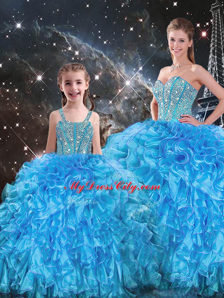 Affordable Sleeveless Organza Floor Length Lace Up Quinceanera Dresses in Baby Blue with Beading and Ruffles