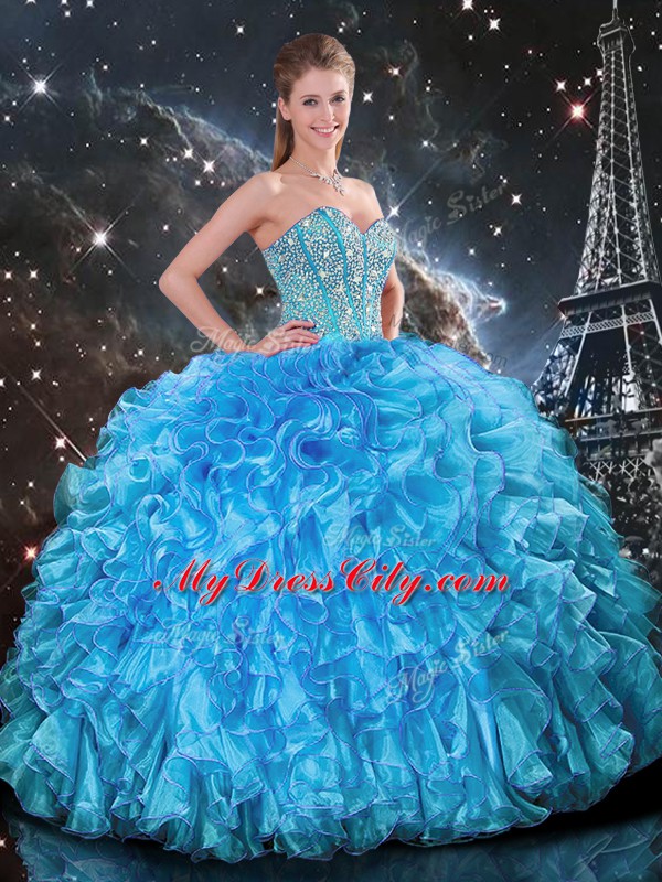 Affordable Sleeveless Organza Floor Length Lace Up Quinceanera Dresses in Baby Blue with Beading and Ruffles