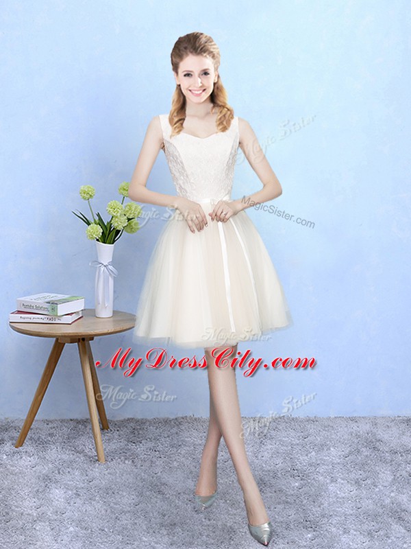 Fantastic Champagne Dama Dress Wedding Party with Lace Square Sleeveless Lace Up