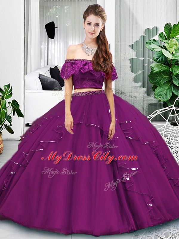 Excellent Eggplant Purple Lace Up Off The Shoulder Lace and Ruffles Sweet 16 Dresses Tulle Sleeveless