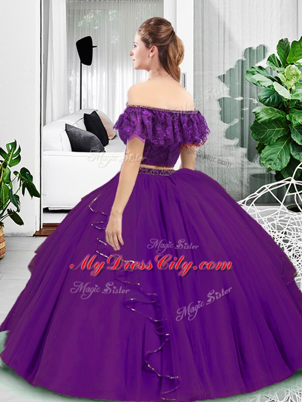 Excellent Eggplant Purple Lace Up Off The Shoulder Lace and Ruffles Sweet 16 Dresses Tulle Sleeveless