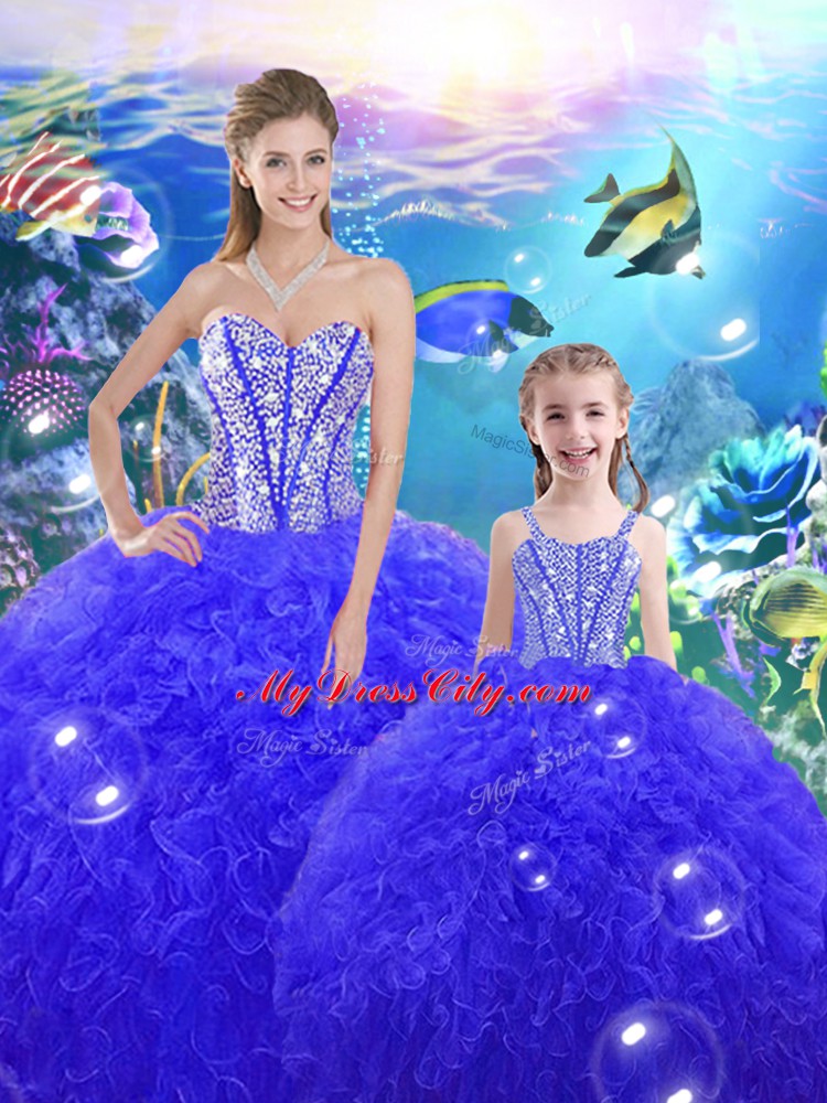 Royal Blue Sleeveless Beading and Ruffles Floor Length 15th Birthday Dress