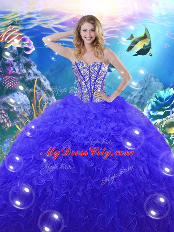 Royal Blue Sleeveless Beading and Ruffles Floor Length 15th Birthday Dress