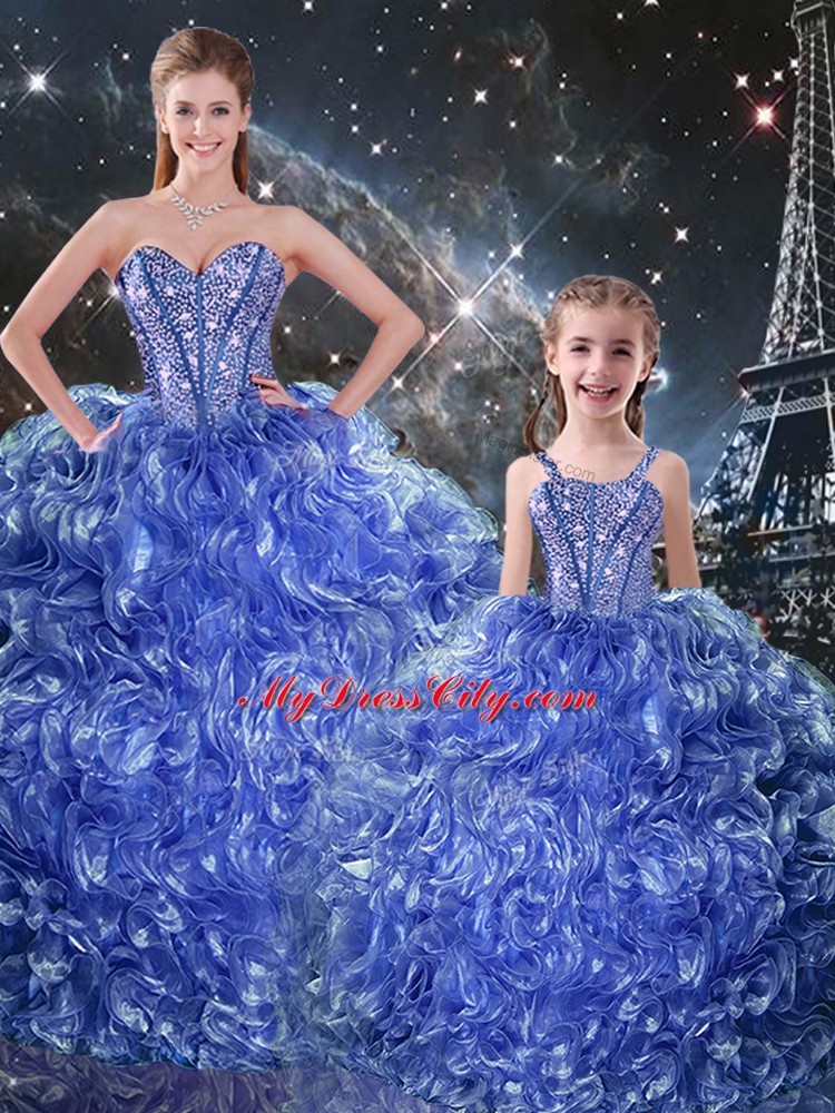 Eye-catching Blue Ball Gowns Organza Sweetheart Sleeveless Beading and Ruffles Floor Length Lace Up Quince Ball Gowns