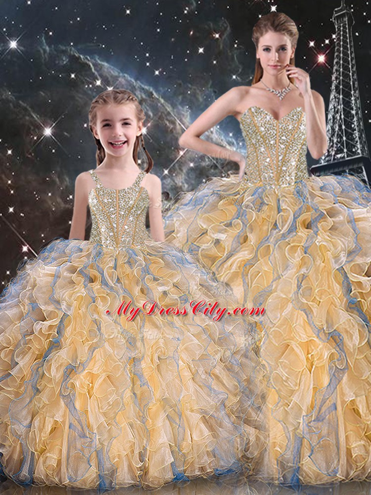 Hot Selling Ball Gowns Sweet 16 Dresses Gold Sweetheart Organza Sleeveless Floor Length Lace Up