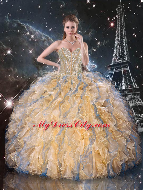 Hot Selling Ball Gowns Sweet 16 Dresses Gold Sweetheart Organza Sleeveless Floor Length Lace Up