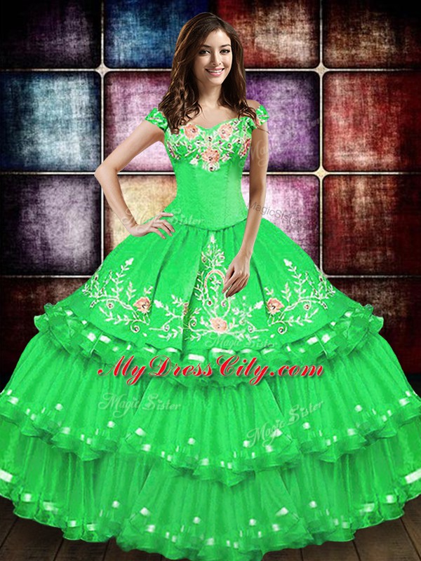 Hot Selling Floor Length Lace Up Sweet 16 Dresses Green for Military Ball and Sweet 16 and Quinceanera with Embroidery and Ruffled Layers