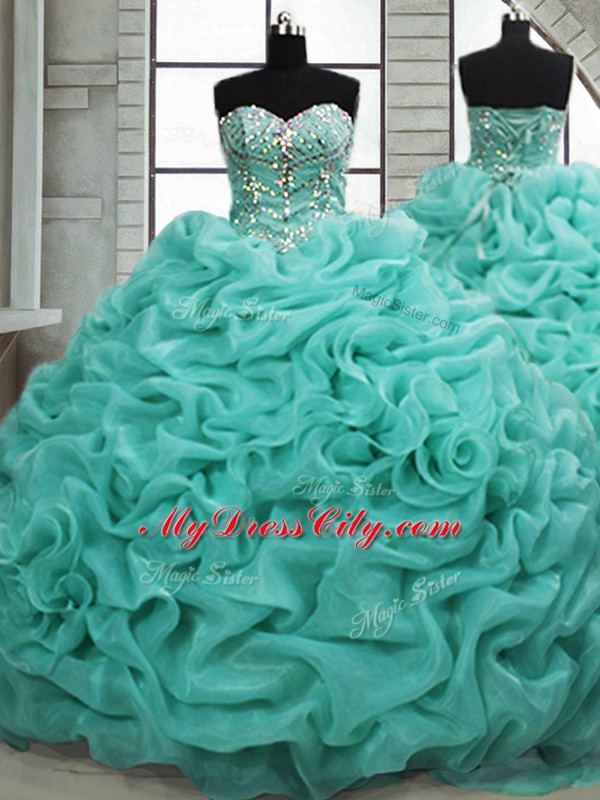 Sumptuous Sweetheart Sleeveless Organza 15th Birthday Dress Beading and Pick Ups Brush Train Lace Up