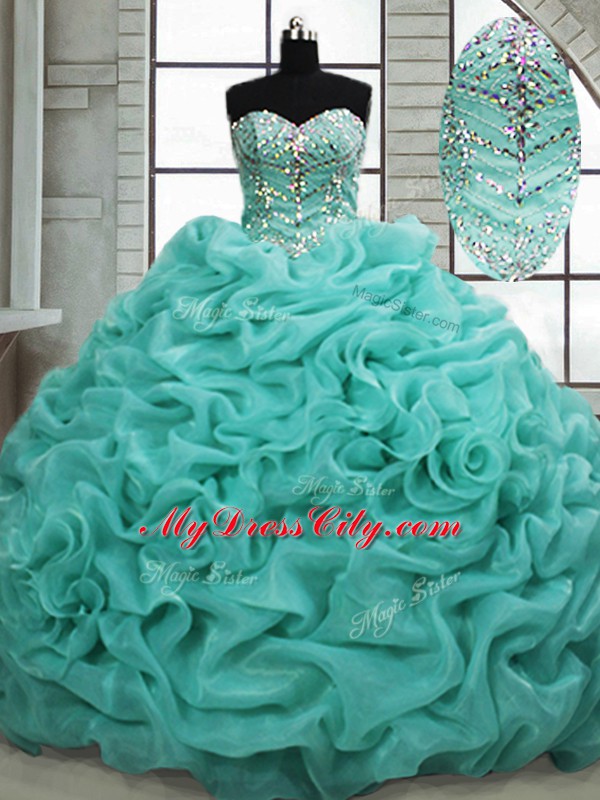 Sumptuous Sweetheart Sleeveless Organza 15th Birthday Dress Beading and Pick Ups Brush Train Lace Up