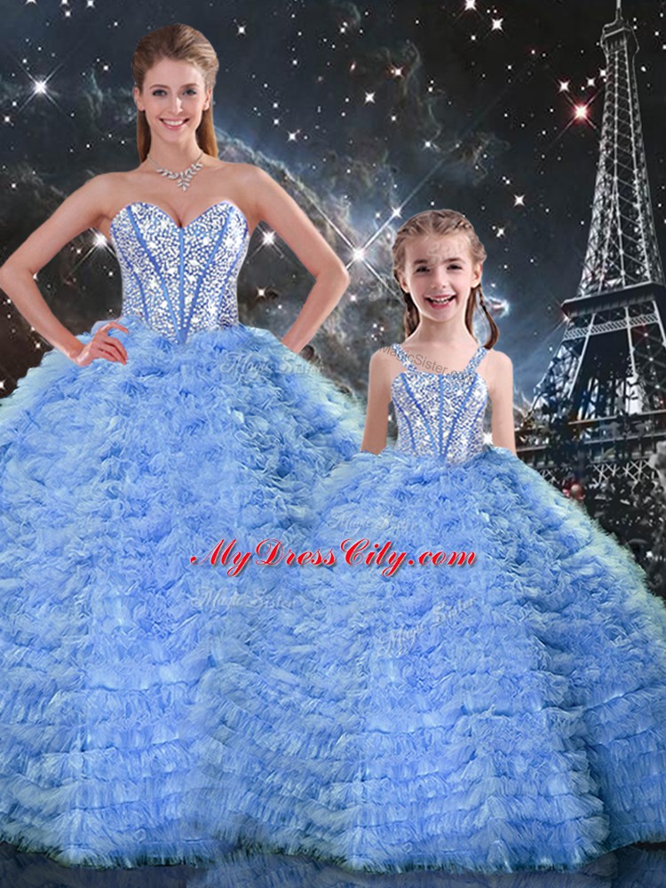 Tulle Sweetheart Sleeveless Lace Up Beading and Ruffles Quinceanera Gowns in Blue