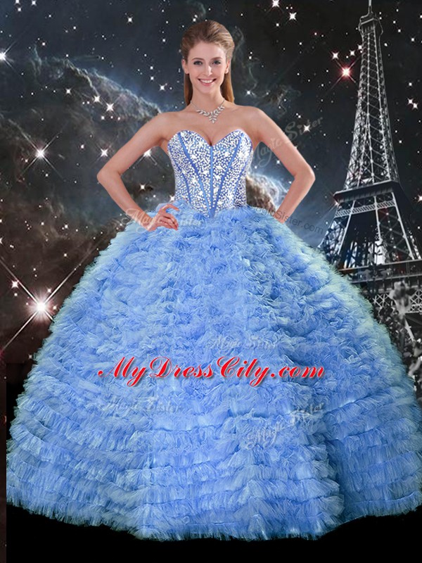 Tulle Sweetheart Sleeveless Lace Up Beading and Ruffles Quinceanera Gowns in Blue