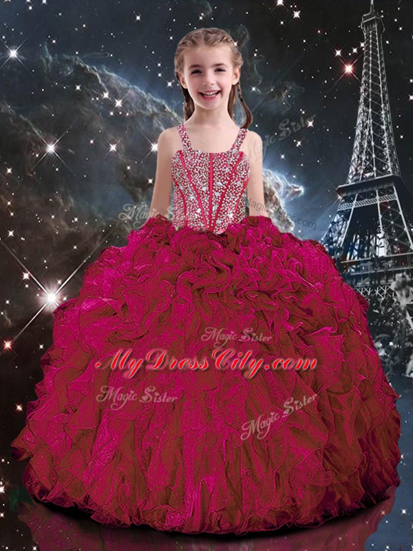 Nice Burgundy Organza Lace Up Sweet 16 Dress Sleeveless Floor Length Beading and Ruffles