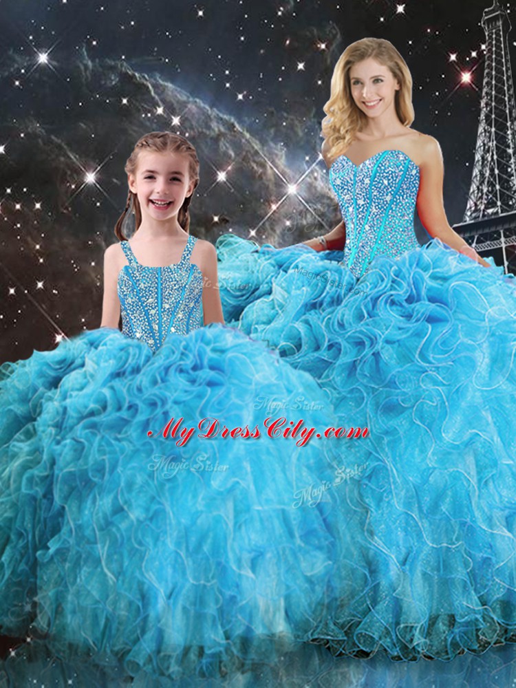 Custom Made Aqua Blue Ball Gowns Organza Sweetheart Sleeveless Beading and Ruffles Floor Length Lace Up Quinceanera Gowns