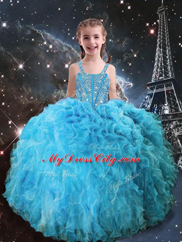 Custom Made Aqua Blue Ball Gowns Organza Sweetheart Sleeveless Beading and Ruffles Floor Length Lace Up Quinceanera Gowns