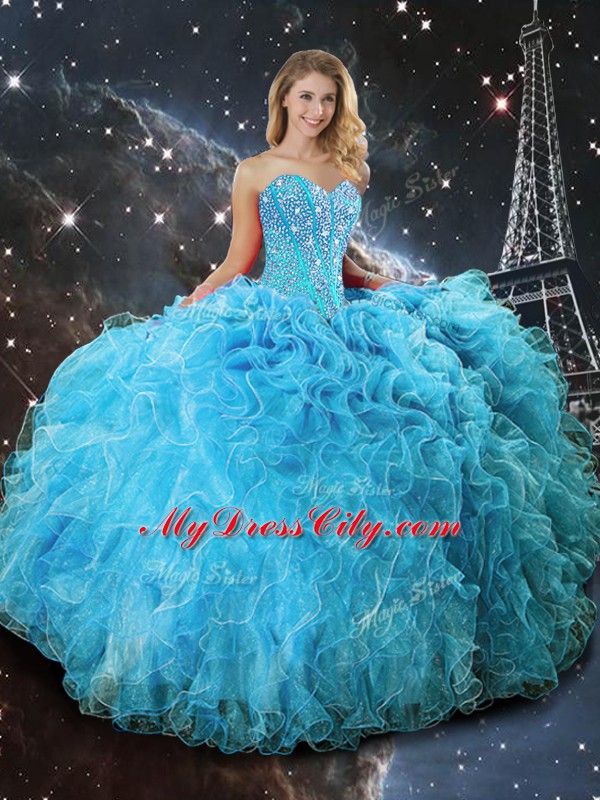 Custom Made Aqua Blue Ball Gowns Organza Sweetheart Sleeveless Beading and Ruffles Floor Length Lace Up Quinceanera Gowns