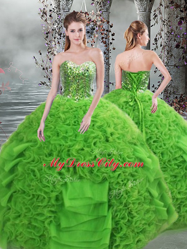 Wonderful Floor Length Lace Up Ball Gown Prom Dress Green for Military Ball and Sweet 16 and Quinceanera with Beading and Ruffles