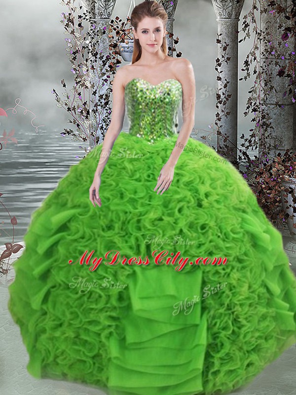 Wonderful Floor Length Lace Up Ball Gown Prom Dress Green for Military Ball and Sweet 16 and Quinceanera with Beading and Ruffles