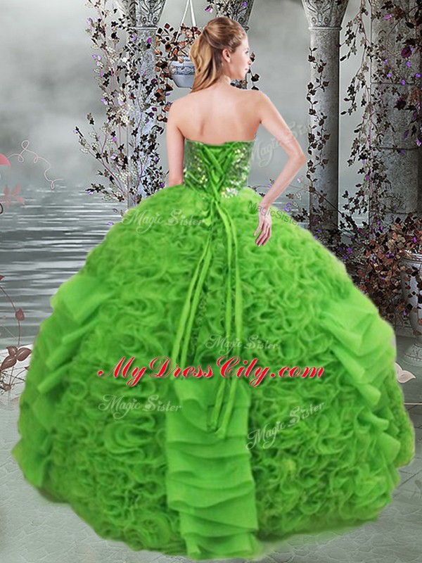 Wonderful Floor Length Lace Up Ball Gown Prom Dress Green for Military Ball and Sweet 16 and Quinceanera with Beading and Ruffles