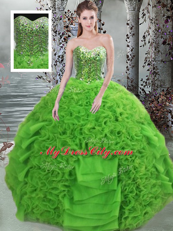 Wonderful Floor Length Lace Up Ball Gown Prom Dress Green for Military Ball and Sweet 16 and Quinceanera with Beading and Ruffles