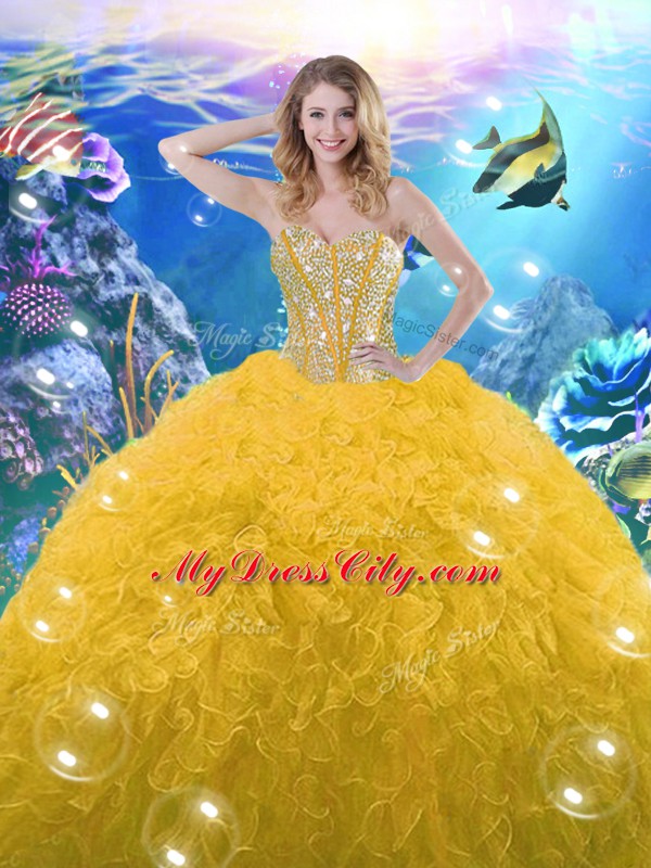 Top Selling Gold Lace Up Sweetheart Beading and Ruffles Sweet 16 Dress Organza Sleeveless