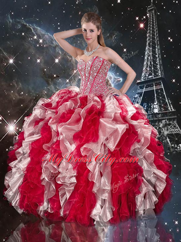 Stunning Multi-color Ball Gowns Beading and Ruffles Sweet 16 Quinceanera Dress Lace Up Organza Sleeveless Floor Length