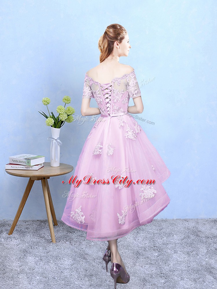 Charming Lace Damas Dress Rose Pink Lace Up Short Sleeves High Low