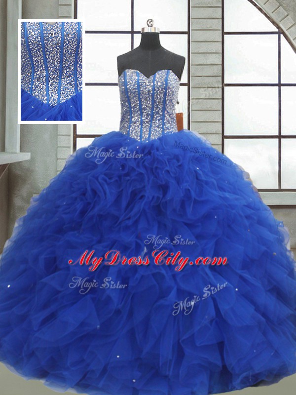 Adorable Sleeveless Lace Up Floor Length Beading and Ruffles and Sequins Ball Gown Prom Dress