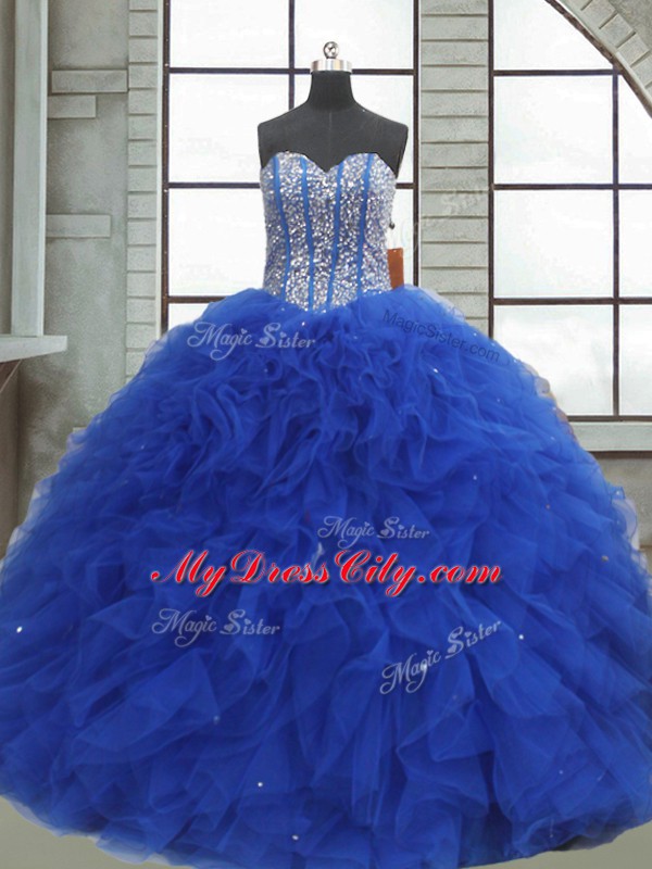 Adorable Sleeveless Lace Up Floor Length Beading and Ruffles and Sequins Ball Gown Prom Dress