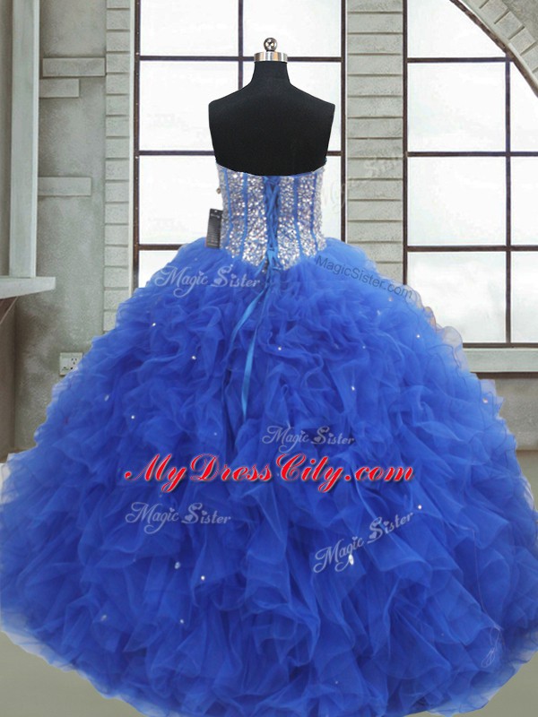 Adorable Sleeveless Lace Up Floor Length Beading and Ruffles and Sequins Ball Gown Prom Dress