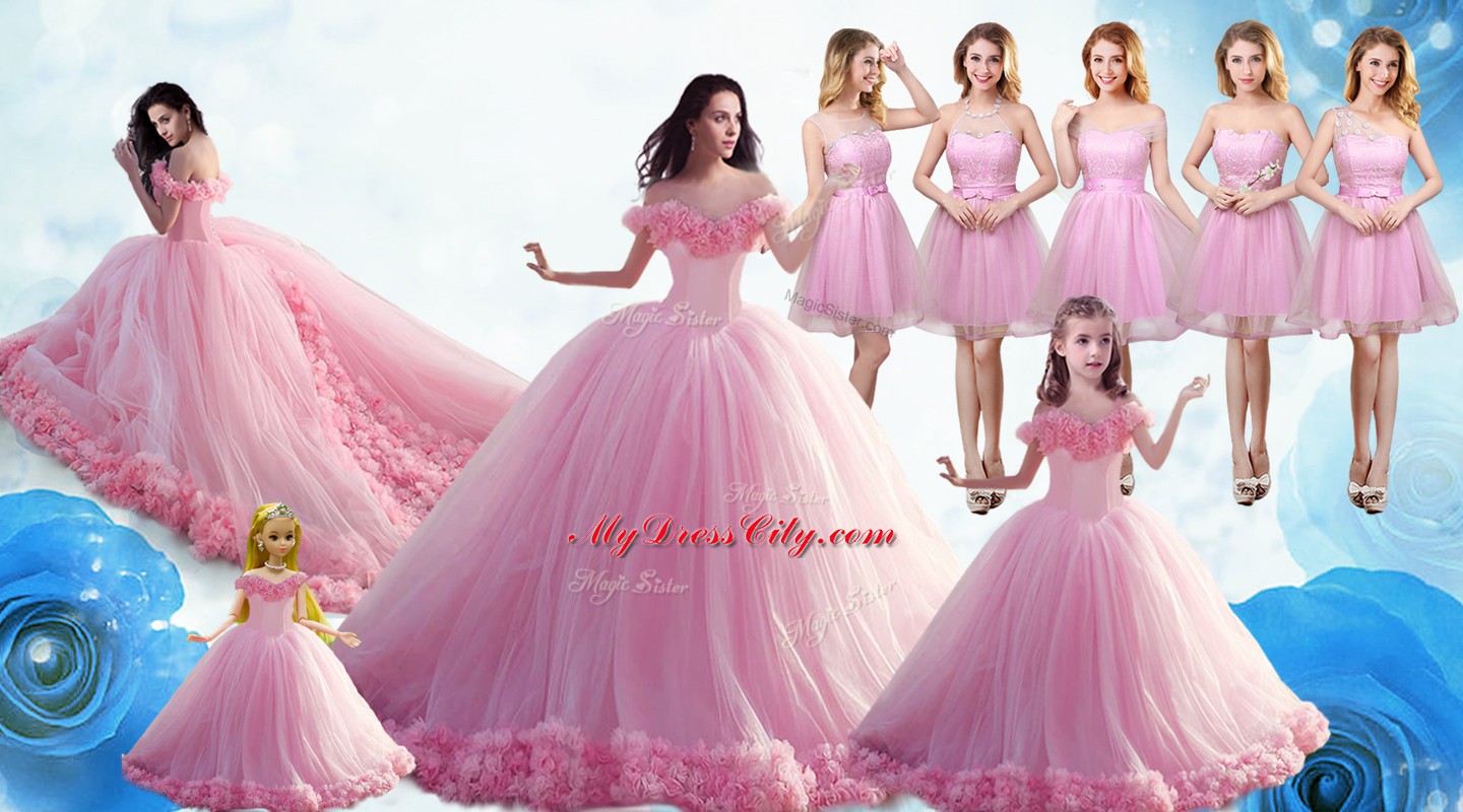 Trendy Baby Pink Lace Up Off The Shoulder Ruffles Quinceanera Dresses Tulle Sleeveless