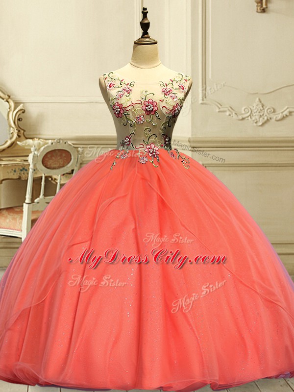 Top Selling Orange Red Sleeveless Appliques Floor Length Quinceanera Gown