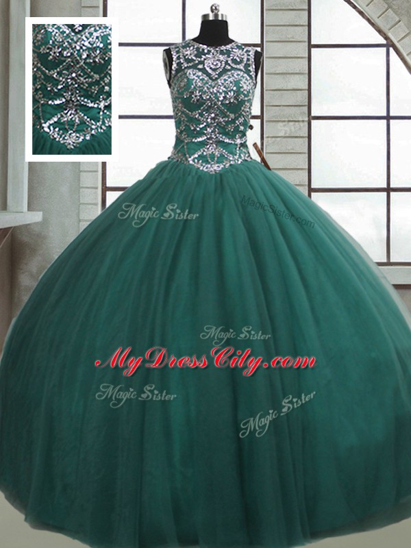 Dark Green Sleeveless Floor Length Beading Lace Up Vestidos de Quinceanera