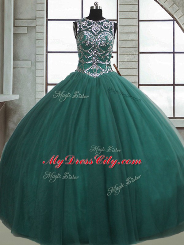 Dark Green Sleeveless Floor Length Beading Lace Up Vestidos de Quinceanera