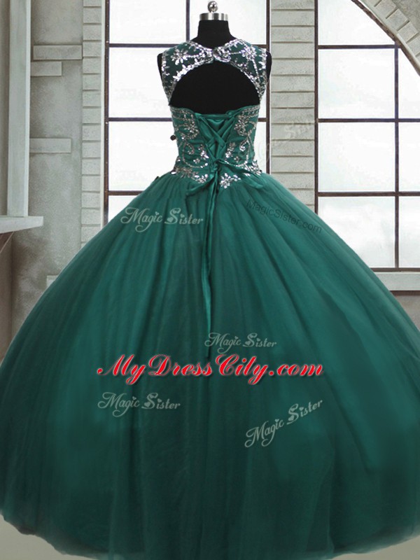 Dark Green Sleeveless Floor Length Beading Lace Up Vestidos de Quinceanera