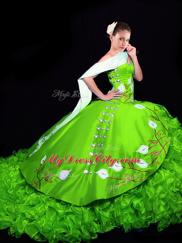 Enchanting Ball Gowns Sweetheart Sleeveless Organza Brush Train Lace Up Embroidery and Ruffles Quinceanera Gown