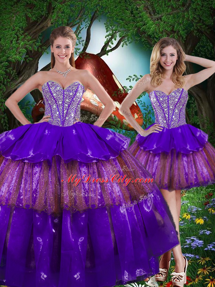 Spectacular Floor Length Multi-color Sweet 16 Dresses Organza Sleeveless Beading and Ruffled Layers and Sequins