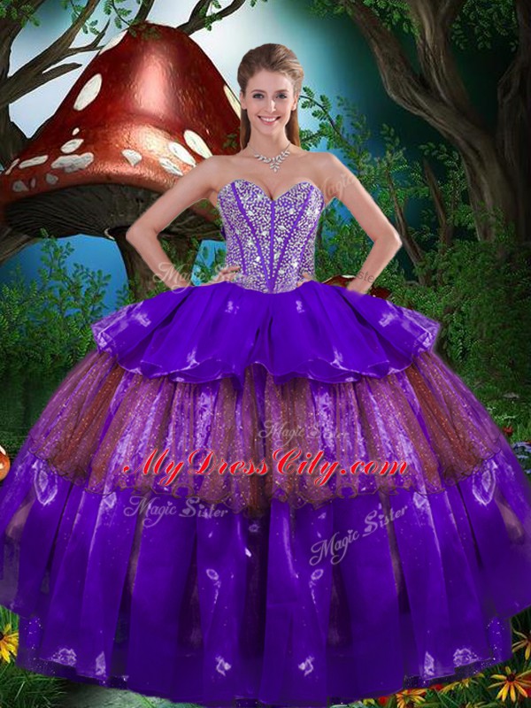 Spectacular Floor Length Multi-color Sweet 16 Dresses Organza Sleeveless Beading and Ruffled Layers and Sequins