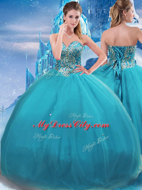 Most Popular Sleeveless Floor Length Appliques Lace Up 15 Quinceanera Dress with Teal