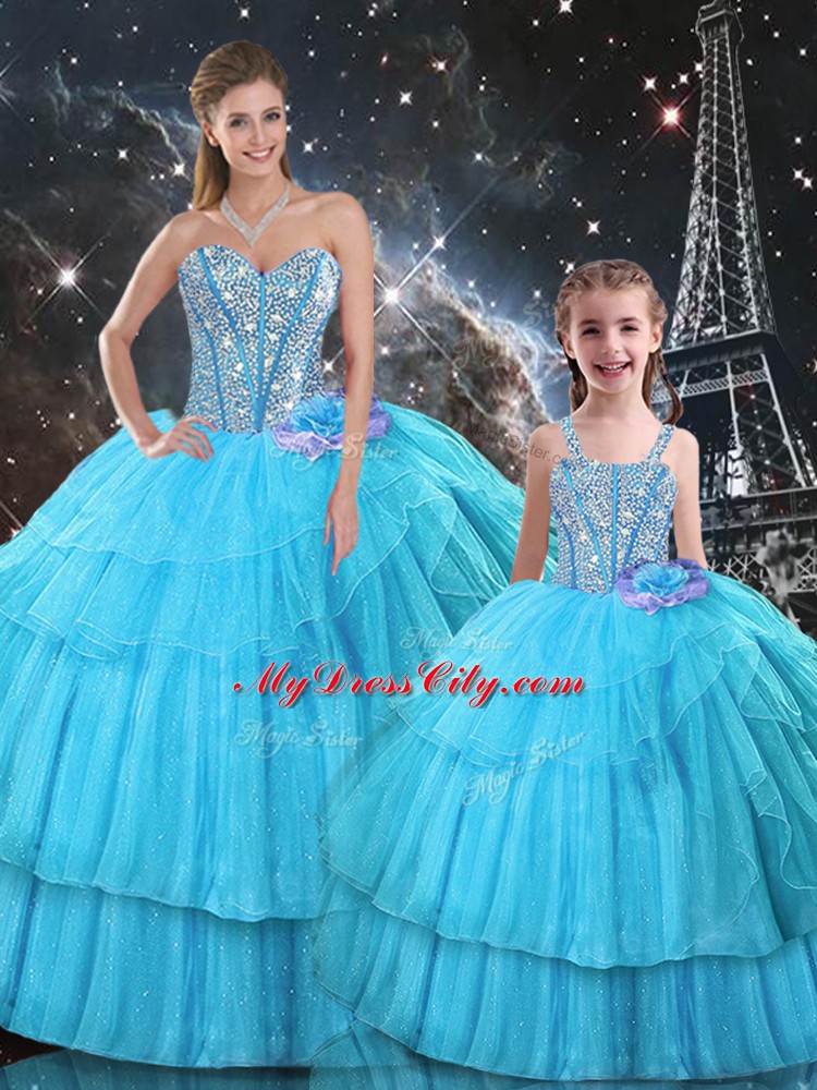 Romantic Organza and Tulle Sleeveless Floor Length 15th Birthday Dress and Ruffled Layers and Sequins