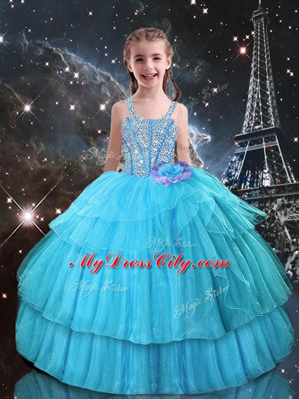 Romantic Organza and Tulle Sleeveless Floor Length 15th Birthday Dress and Ruffled Layers and Sequins