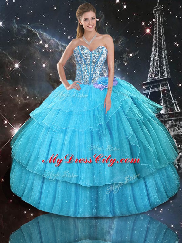 Romantic Organza and Tulle Sleeveless Floor Length 15th Birthday Dress and Ruffled Layers and Sequins